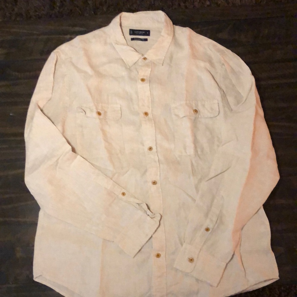 LUCKY BRAND 🍀 Classic Fit Light Cream Linen Long Sleeve Button Down Shirt Sz XL